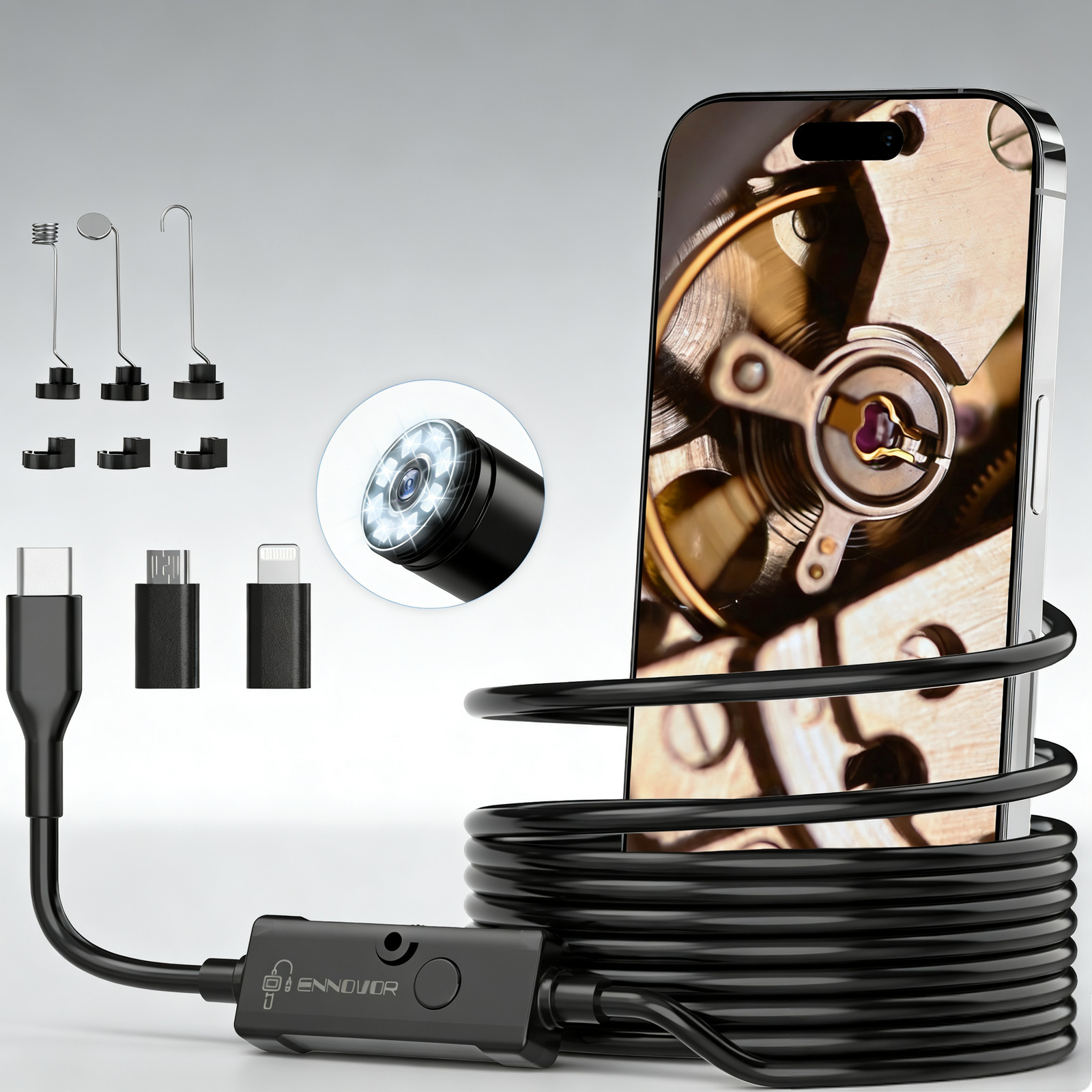 5M Endoscope Camera with Light, 1920P HD Borescope Camera for iOS and Android