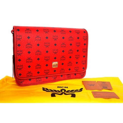 NEW $880 MCM Candy Red Pebble Leather Blue AREN LOGO Messenger Crossbody BAG NWT - Picture 2 of 24