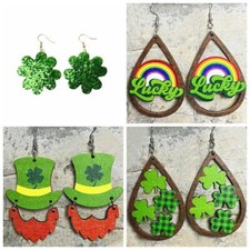 St. Patricks Day Clovers Green Rainbow Bearded Irish Wood Dangle Drop Earrings