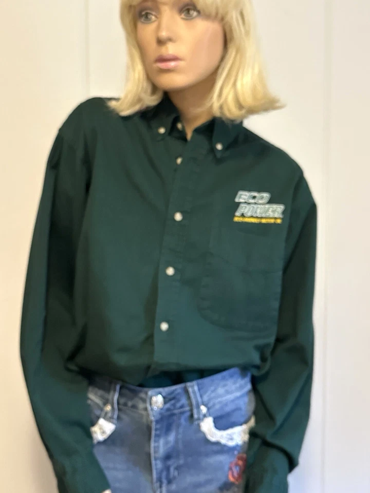 Button Down Work Shirt “Eco Power Eco Friendly Motor Oil” Green Cotton - Image 3 of 4
