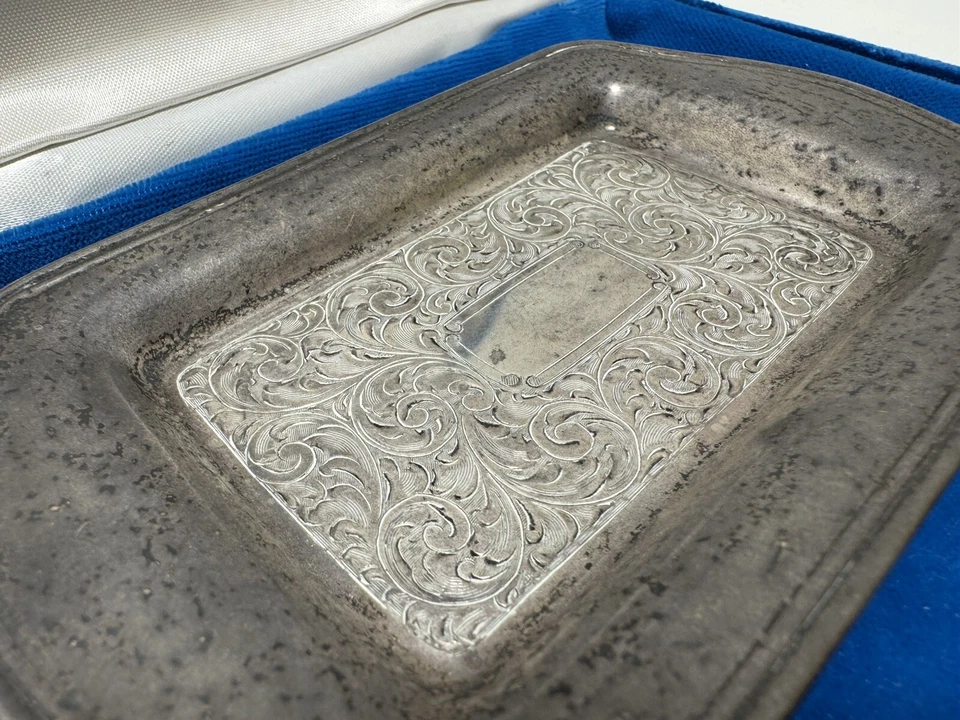Bandeja Grabada Repoussé Vintage Abedules Plata Esterlina 5-1/4" * 3" con Estuche 49.3G Foto 4 de 4