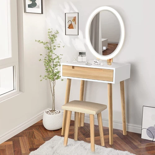 Vanity Desk Make Up Dressing Table Set w/ LED Lighted Mirror Stool Drawer Small - Picture 2 of 22