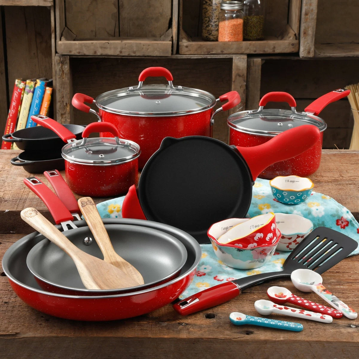 The Pioneer Woman Vintage Speckle 24 Piece Cookware Combo Set Red