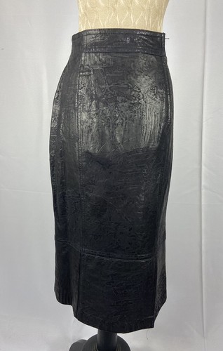 ESCADA Size 42 Vintage Black Midi Embossed Leather Pencil Skirt