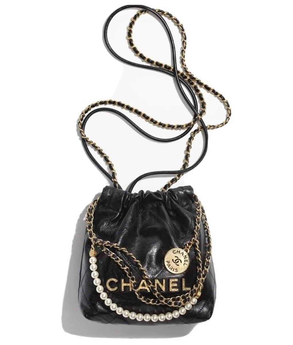 New Chanel 23S Mini 22 Black Shiny Crumpled Calfskin Gold HDW &