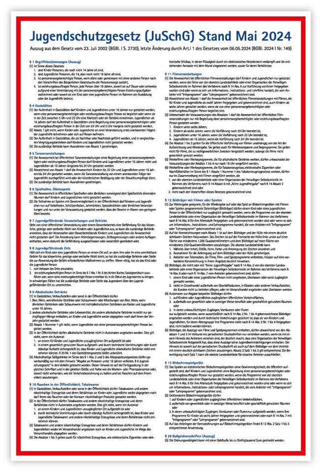 MBS-SIGNS® Aufkleber Hinweis JuSchG „Jugendschutzgesetz Mai 2024“ Aushang Sticker | 20x30cm