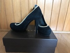 Gucci Women's Black Suede Gold Trim Heel Pump Shoes Italy Size 39      