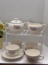 VTG. Grant Crest Pink Crocus 4Pc. Cup & Saucer W/ Creamer & Sugar Bowl. No chips