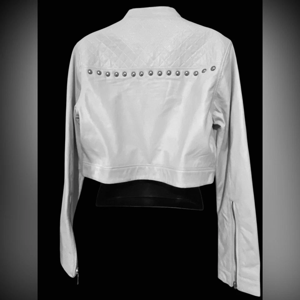 Chaqueta de cuero blanca Affliction | Chaqueta corta de cuero con tachuelas para mujer | NUEVA CON ETIQUETAS XL Foto 3 de 4