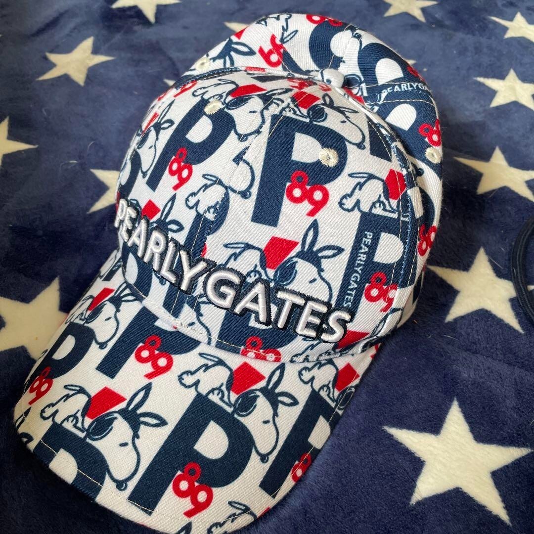 【PEARLY GATES】 Unisex 3D Logo Patch Point Ball Cap Pearly Gates x Snoopy Cap Logo All Over Pattern White Red