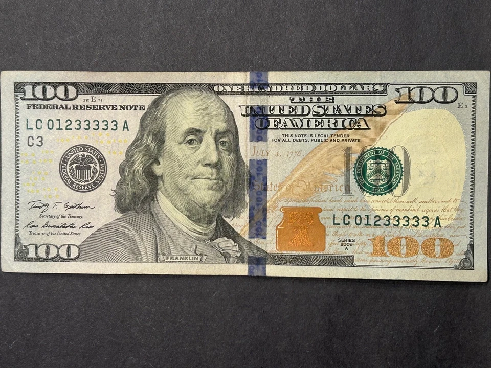 Fancy $100 4 Digit Ladder Ascending# LC01233333A  Five 3s in  Kind In A Row !!! - Image 3 of 4