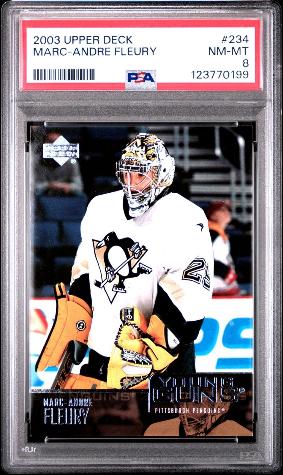 2003-04 Upper Deck Marc-Andre Fleury Young Guns Rookie #234 PSA 8