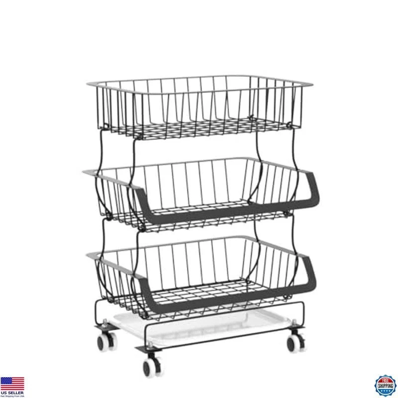 1Easylife 3-уровневая штабелируемая металлическая проволочная корзина для фруктов тележка с колесами и 2 корзинами - Изображение 4 из 4