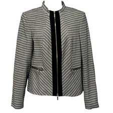 Tommy Hilfiger Navy Blue White Chevron Stripe Full Zip Blazer sz 6 Elbow Patches