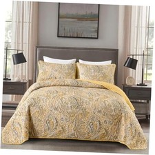 Paisley Quilt Set Size Boho Quilt Bedspread Set 3 Pieces, Soft King Yellow