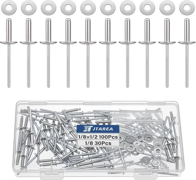 130Pcs 1/8" X 1/2" Stainless Steel Pop Rivets with Stainless Steel Washers 3.2 - Image 1 of 4