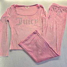 Juicy Couture Pink Velour Tracksuit Sleepwear Set Rhinestone Logo Pants Top M