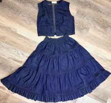 Vtg Broomstick Midi Skirt And Vest Denim Tiered Prairie Cottage Boho Western S