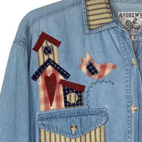 Camicia jeans vintage Andrews blues denim bottoni ricamata country taglia media - Foto 2 di 7