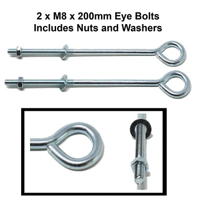 2 x Eye Bolts Folded with Nuts and Washers Zinc Plated M8 x 200mm Bulk Hardware