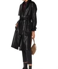 Love, Whit by Whitney Port Women's Black Faux Leather Trench Coat Size M Flawed