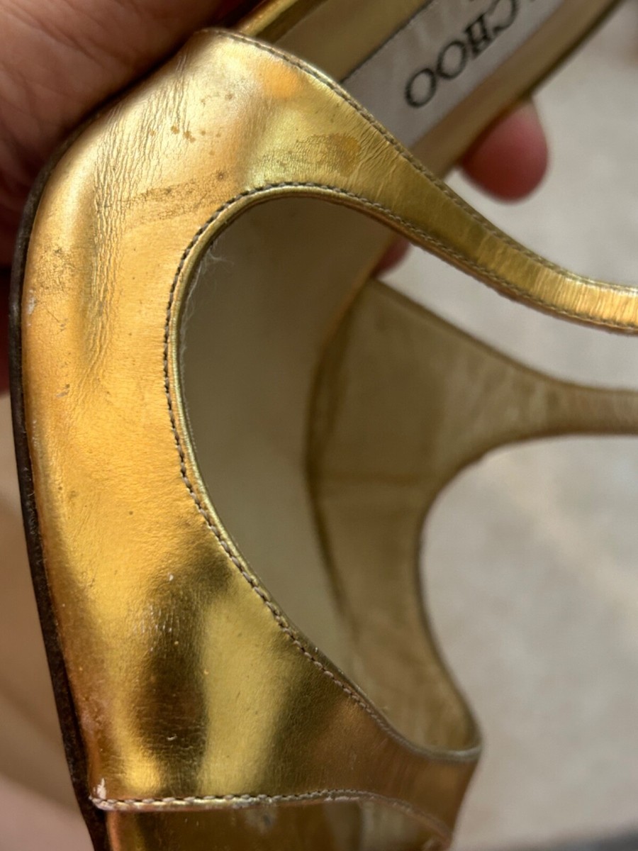 Jimmy Choo $985 Lang Gold Patent Leather Metallic Strappy