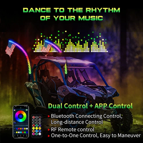 1 Pair 2~4FT RGB Spiral LED Whip Lights Antenna Chase + Flag for ATV RZR UTV 4WD - Picture 5 of 9