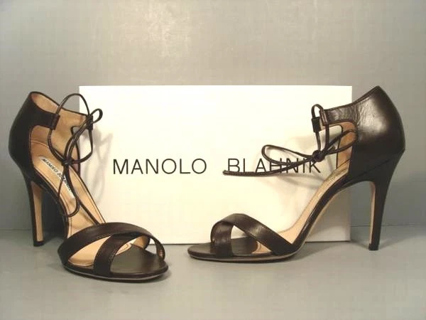MBT Sandali Manolo Blahnik 38 Backla marroni in pelle cravatta alla caviglia décolleté tacchi alti NUOVI