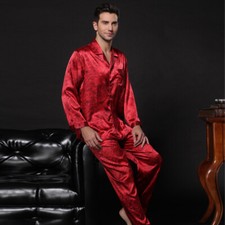 NEU Herren Pyjama Schlafanzug Seide Satin Langarm langer Hose Nachtwäsche M008