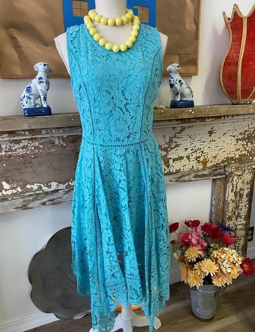Isaac Mizrahi Turquoise Floral Lace Handkerchief Hem Midi Dress S