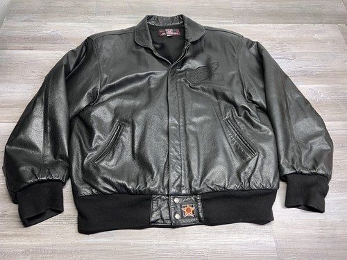 Vintage 90s Detroit Red Wings Black Leather Jacket JH Design USA Mens Size XL