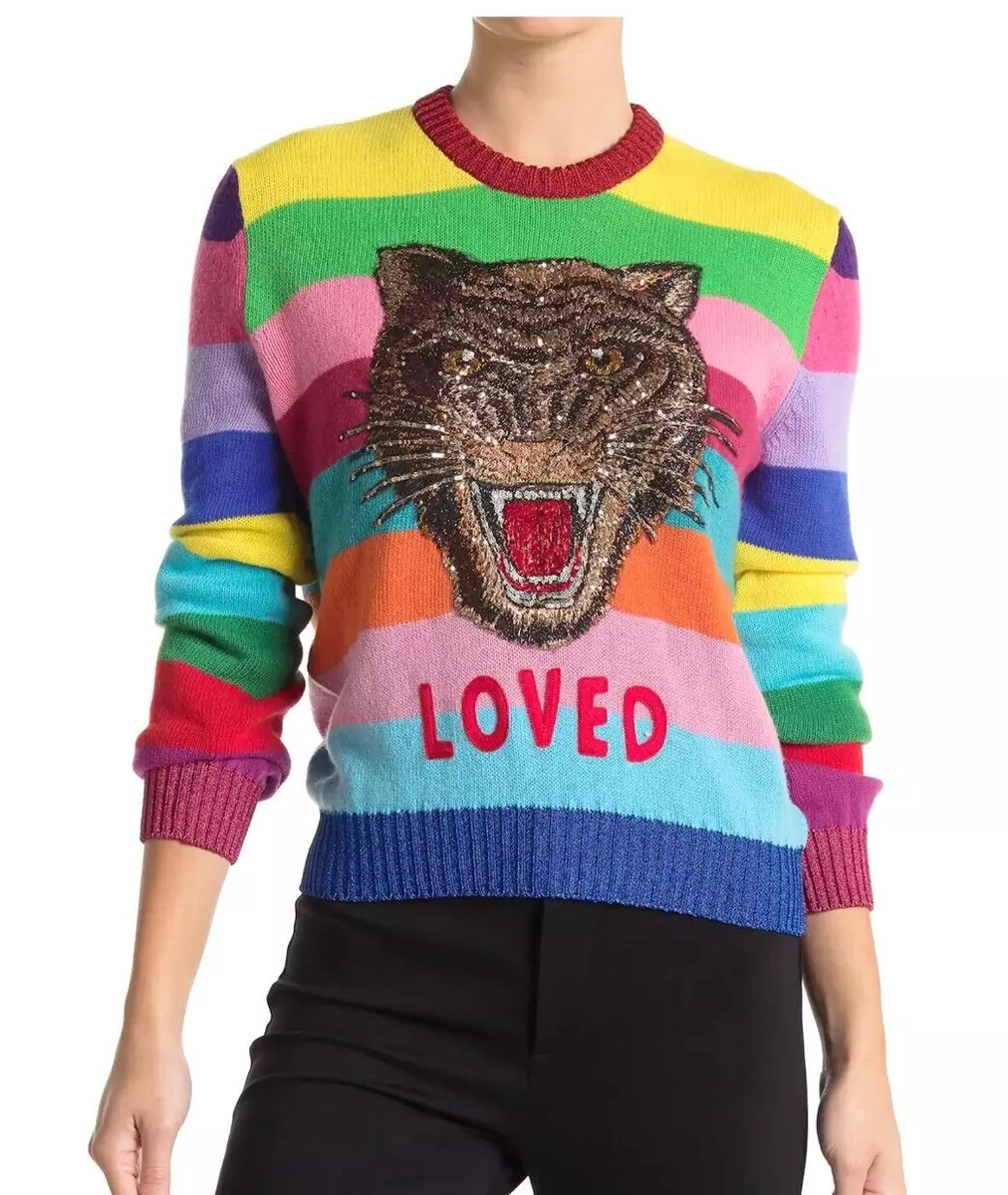 NWT Gucci Rainbow Embroidered Tiger Wool Sweater, Small, MSRP$1725 |