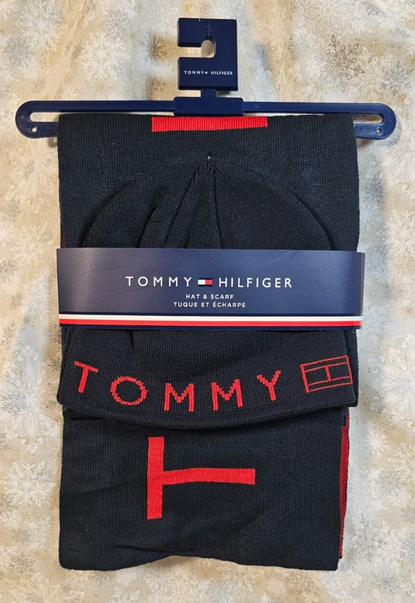 Tommy Hilfiger Beanie Hat & Scarf Set w/ Iconic Logo, Red, Navy