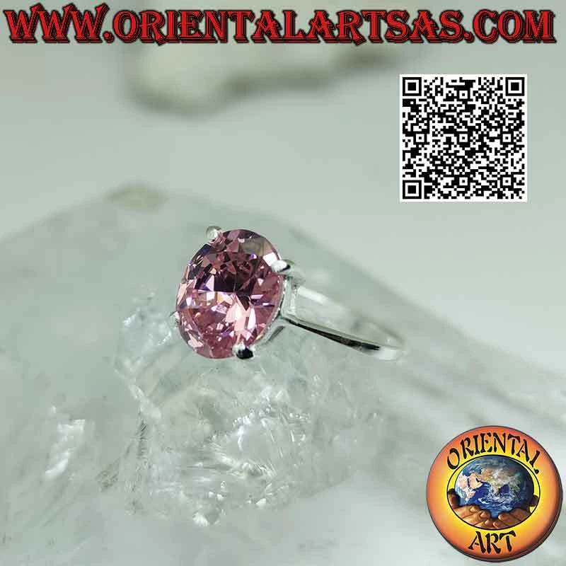 Anello in argento 925 ‰ zircone rosa di Francia sfaccettato ovale incastonato - Immagine 3 di 4