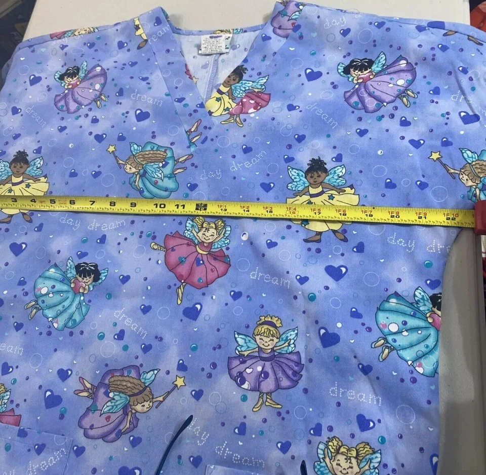 Simply Basic Scrub Top Womens Periwinkle Blue ANGEL PATTERN Size Small ECU - Image 4 of 4