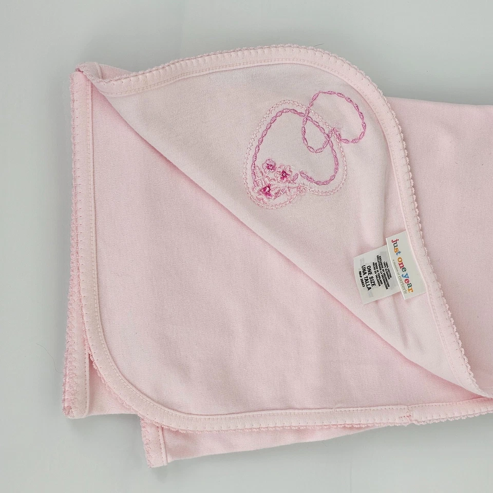 Manta de recepción vintage de 1 capa de algodón rosa de solo un año para bebé niña corazones blancos Foto 3 de 4
