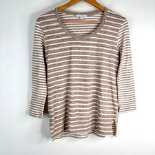 James Perse Striped Top M 3/4 Sleeve Beige Neutral Minimalist Cotton Made in USA