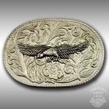 Vintage Western Cowboy Belt Buckle Silver Tone Eagle Floral Engraved Design