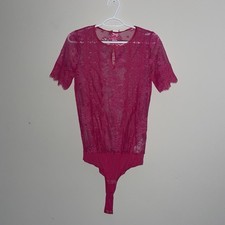 Intimissimi Hot Pink S Lace Short Sleeve Floral Bodysuit Snap Clips NWT