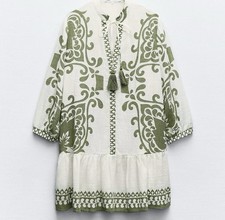 Zara Ivory And Green Bohemian Print Mini Dress XS