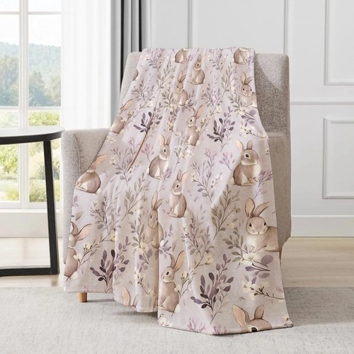 Cute Bunny Blanket - Adorable Rabbit Pastel Lavender Floral Fleece Throw,Gift... - Picture 3 of 6