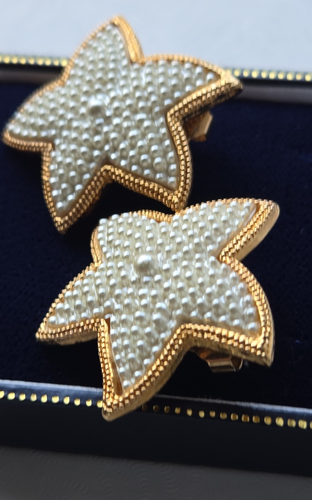 Vintage Avon Gold Tone Star Clip-On Earrings Faux Pearl Bead Pavé Statement