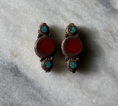 One Tibetan Deluxe Brass Coral Turquoise Coral 32x25mm Beads CC523
