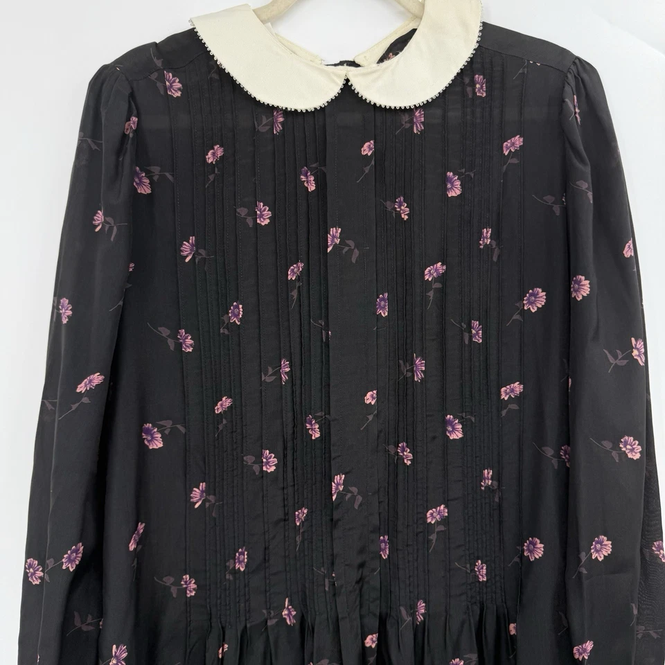 Vintage Albert Nipon Black Floral Long Sleeve Pleated Midi Dress Sz L Wednesday - Image 4 of 4