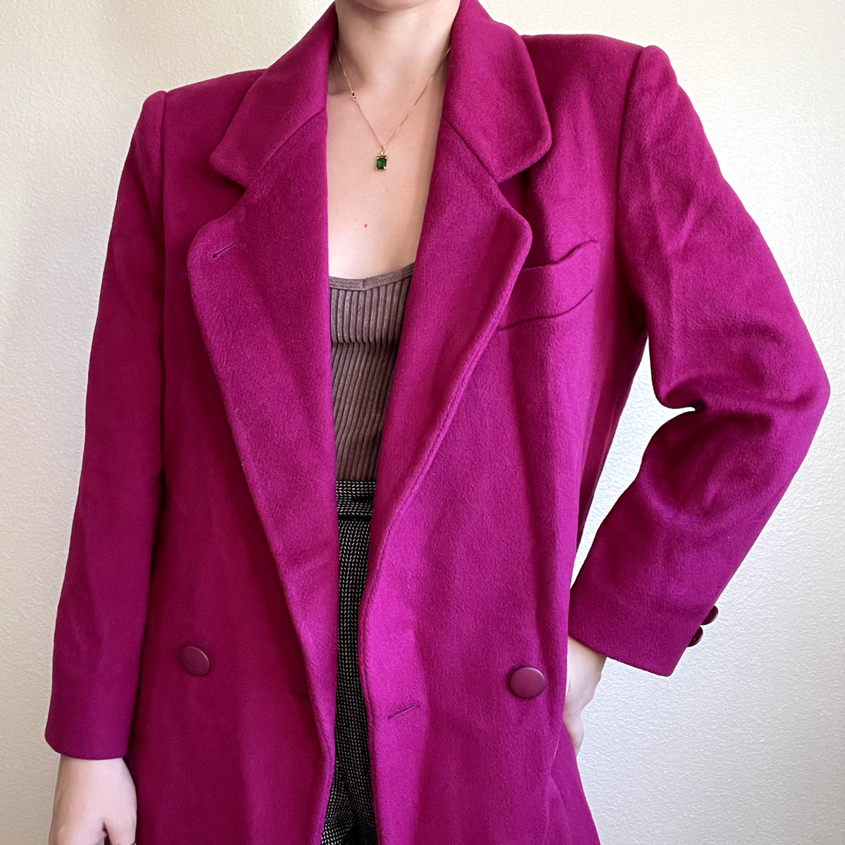 Vintage 80s Hot Pink Fuchsia Womens 100% Wool Trench Coat Sz
