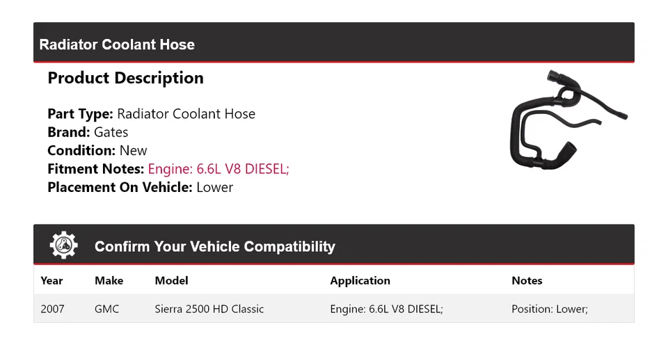 Manguera de refrigerante de radiador clásica para GMC Sierra 2500 HD 2007 puertas inferiores Foto 2 de 4