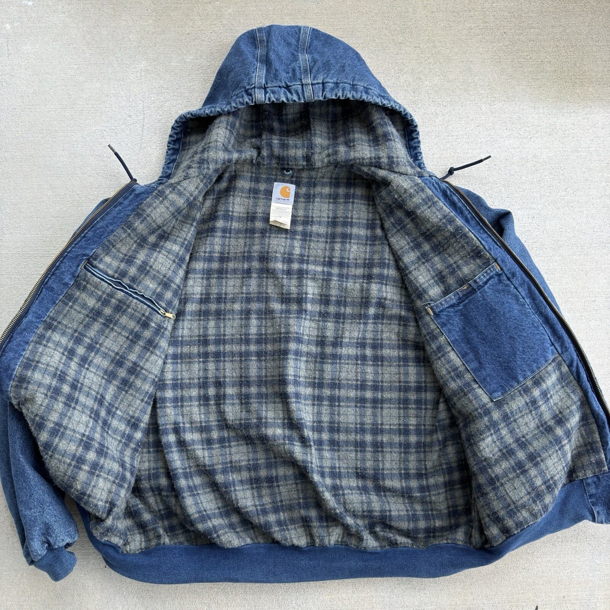 Vintage Carhartt Denim Hooded Jacket Plaid Blanket Lined