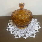 LE Smith Amber Moon and Stars Depression Glass Lidded Candy Dish Mint