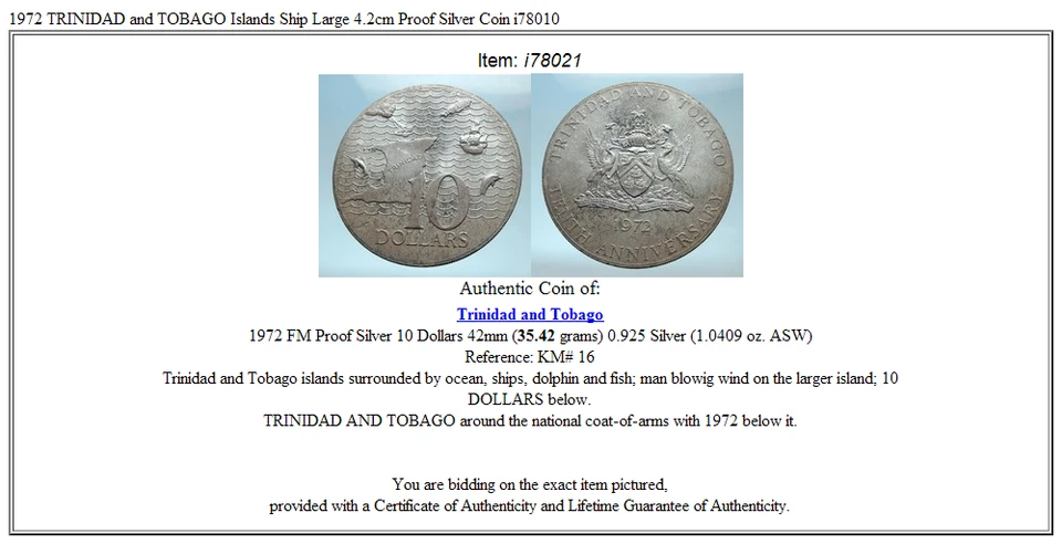 1972 TRINIDAD and TOBAGO Islands Ship Large 4.2cm Proof Silver Coin i78021 - Image 3 of 3