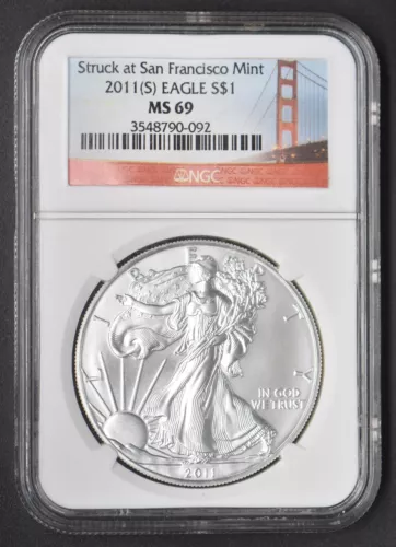 2011-S Silver Eagle NGC MS69 1oz .999 Golden Gate Bridge Label - COINGIANTS -